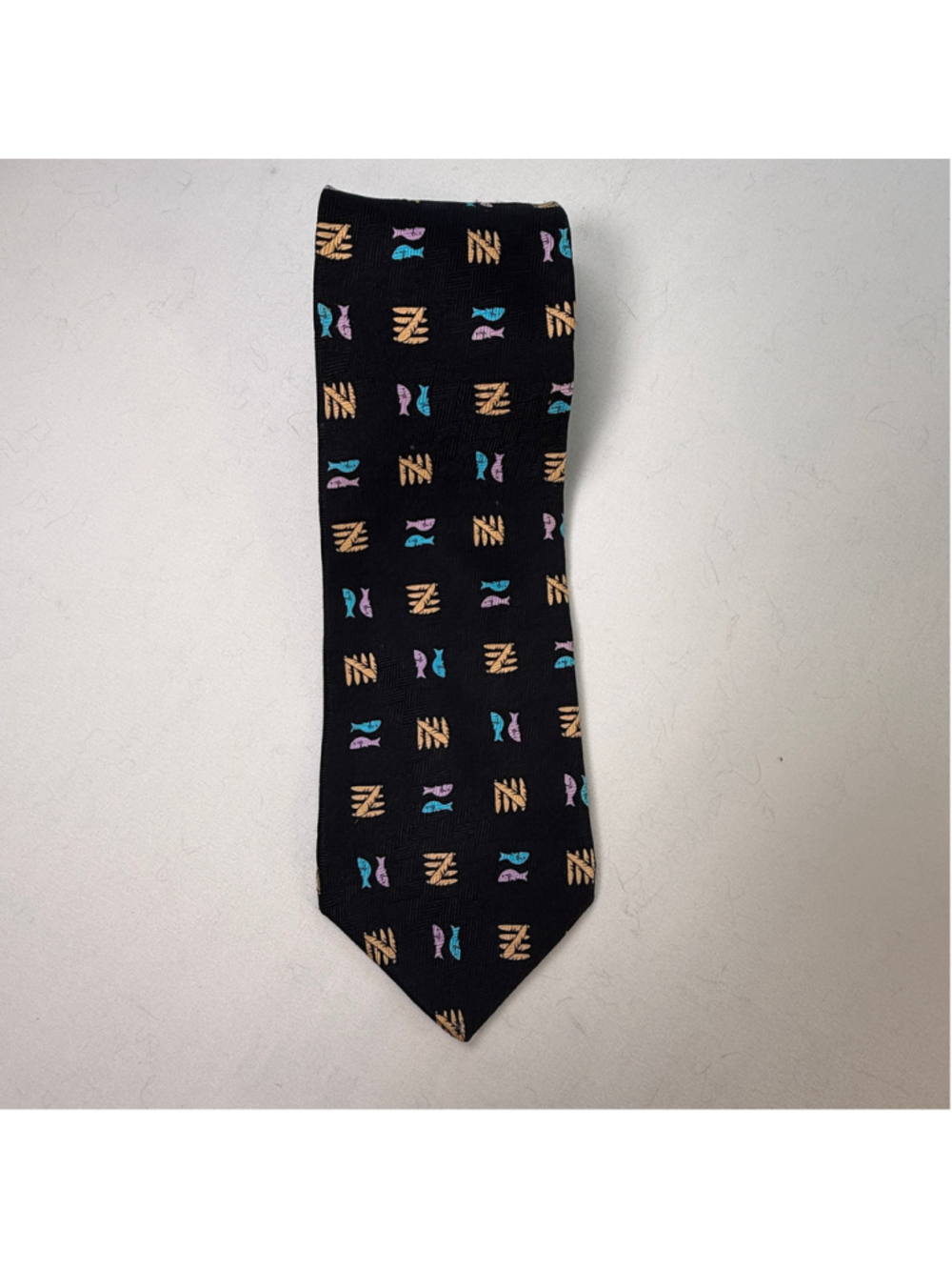 Solid Light Vintage Black Silk Necktie Fish & Bamboo Geometric Novelty Men’s Tie